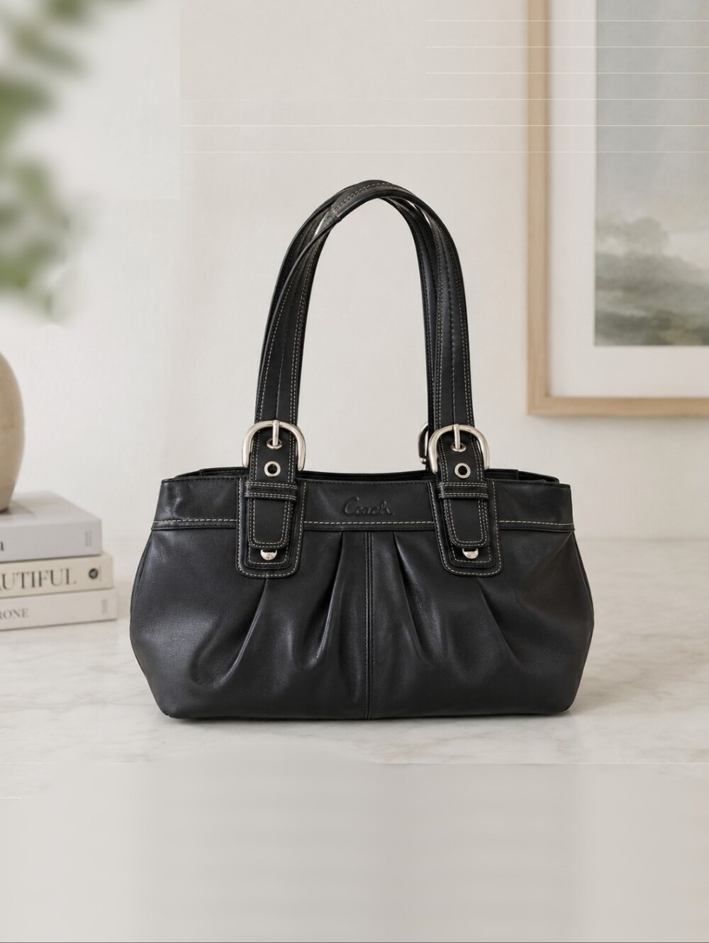 Coach Soho Black Leather Pleated Shoulder Bag with Silver Hardware
